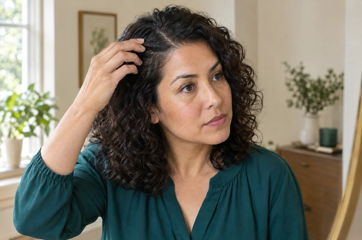 Woman looking at her hair part.