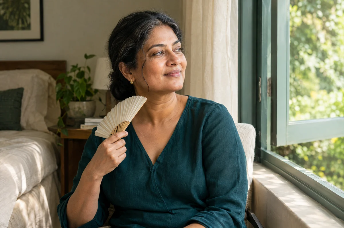 A woman sitting beside a window holding a fan.