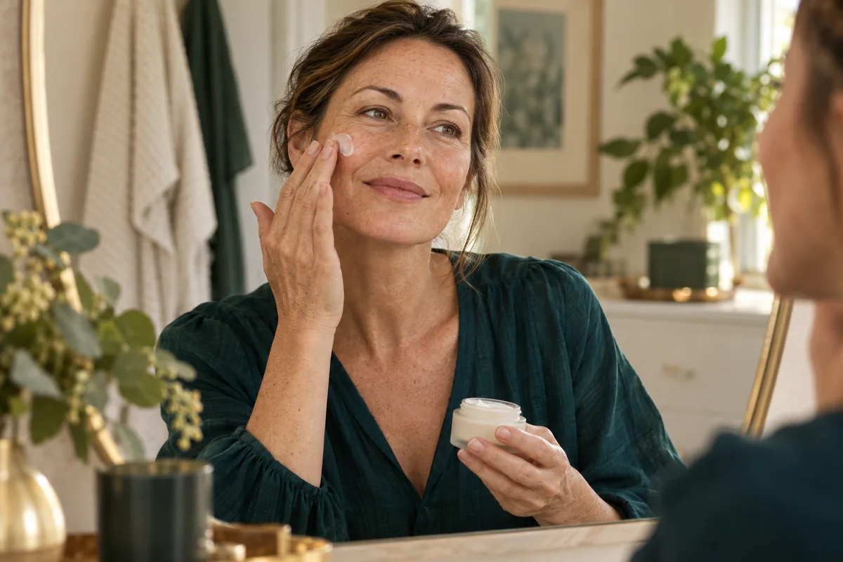 Woman applying moisturizer to her cheek.