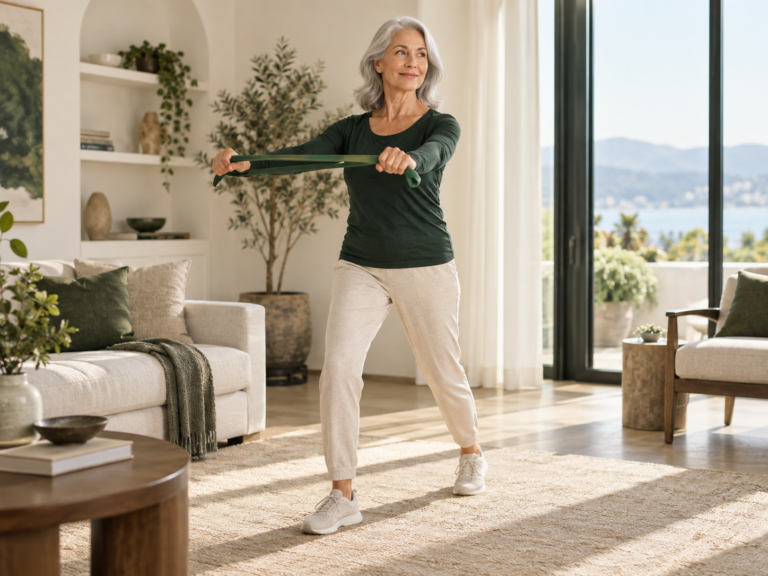 Silver-haired woman exercising with a resistance band.