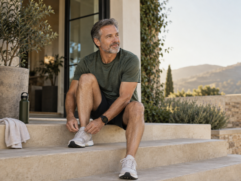 Man tying his running shoes before a workout.