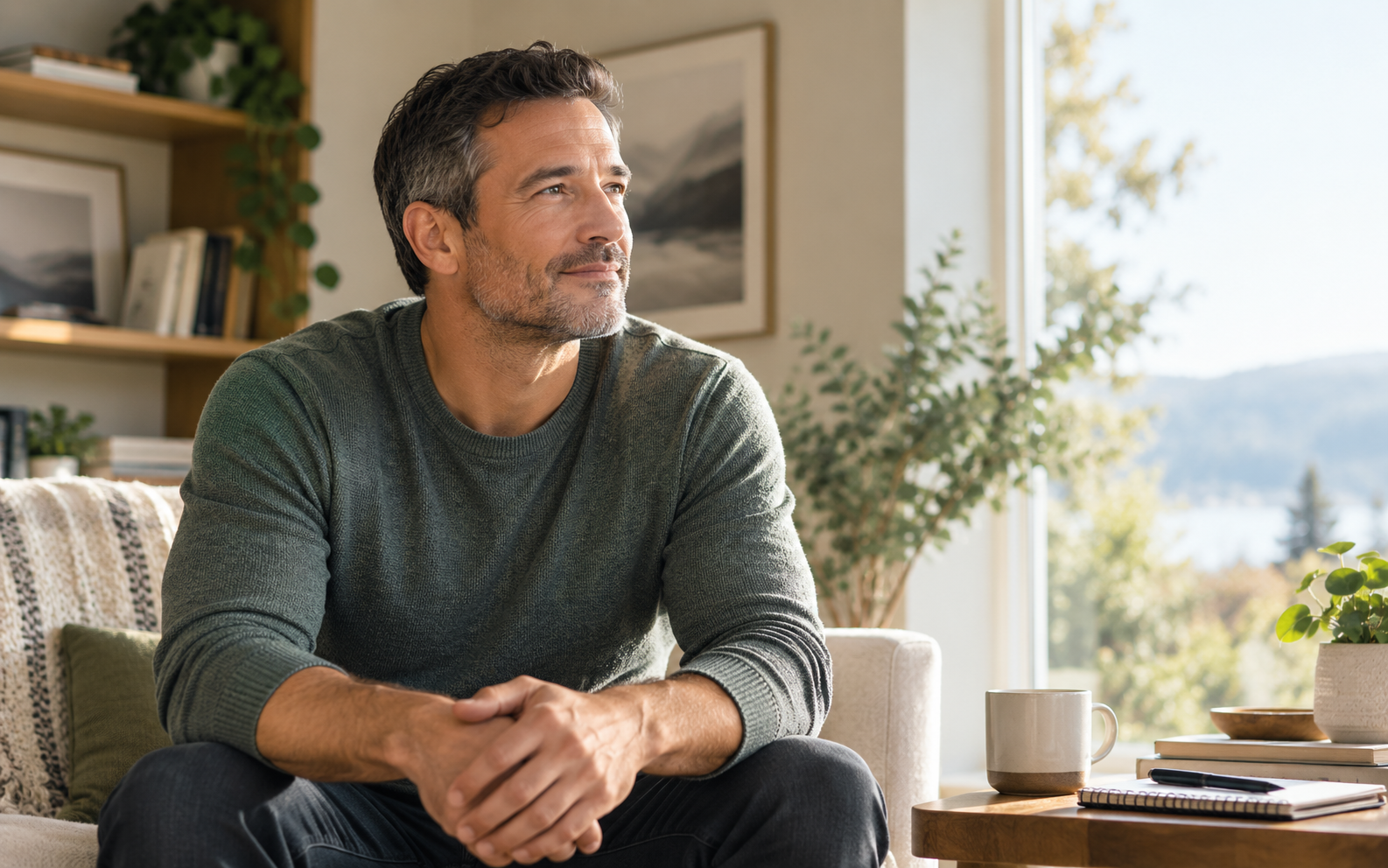 A man sitting thoughtfully beside a window in his living room.