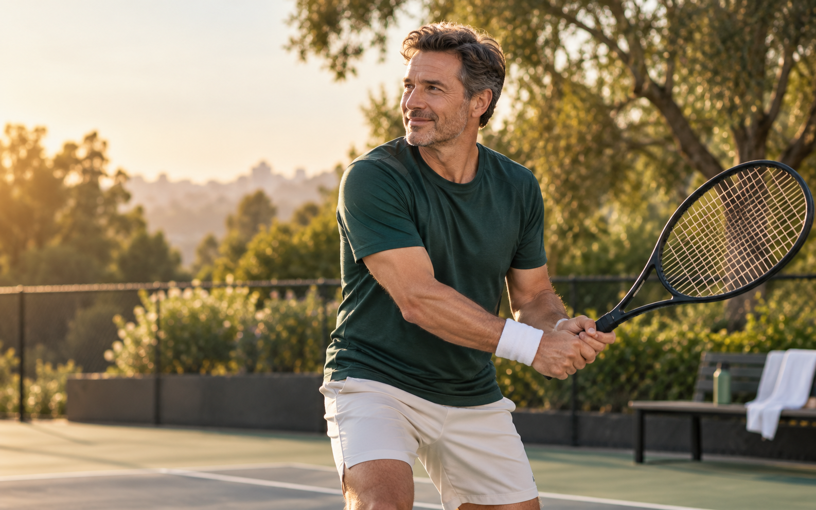 A man playing tennis on a sunlit outdoor court.
