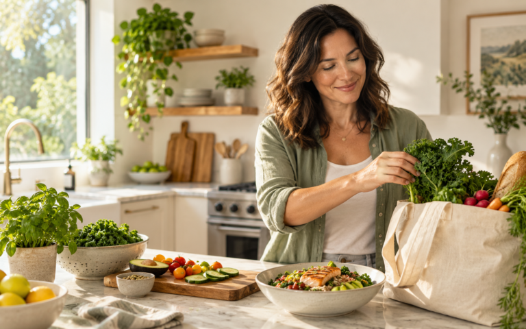 Woman unpacking fresh vegetables in a kitchen.