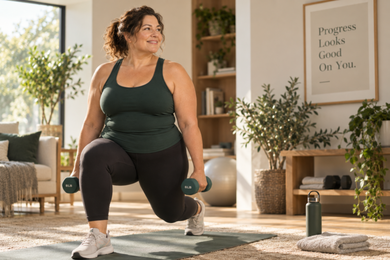 Woman exercising at home with dumbbells.