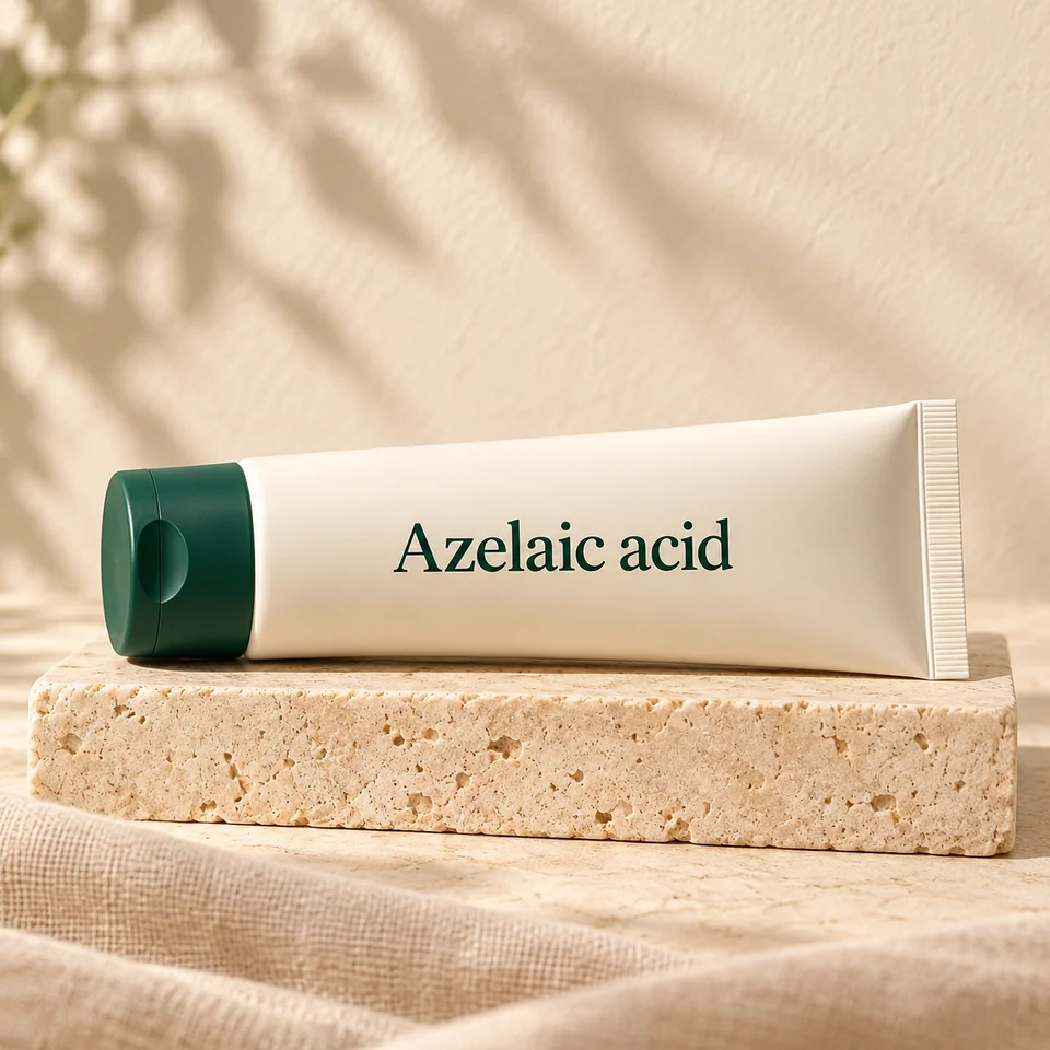 Illustrative skin scope treatment containers on stone and linen.