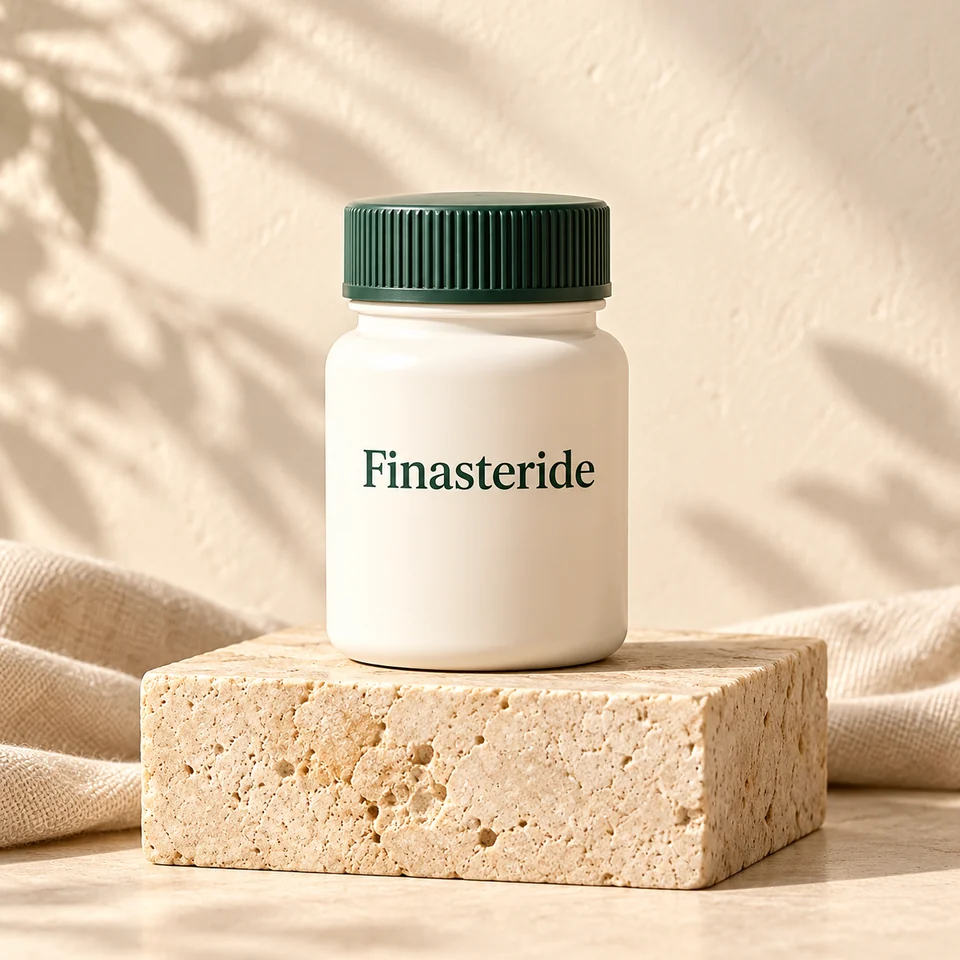Illustrative hair treatment containers on stone and linen.