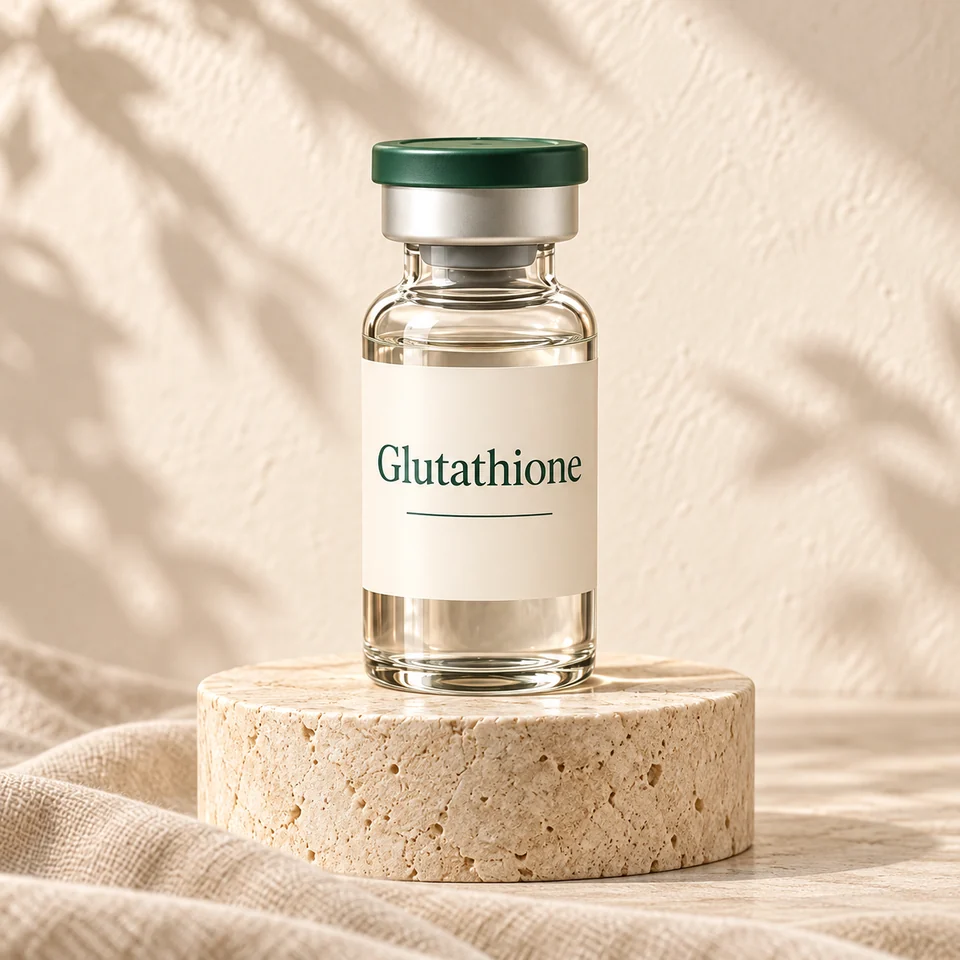 Illustrative aging treatment containers on stone and linen.