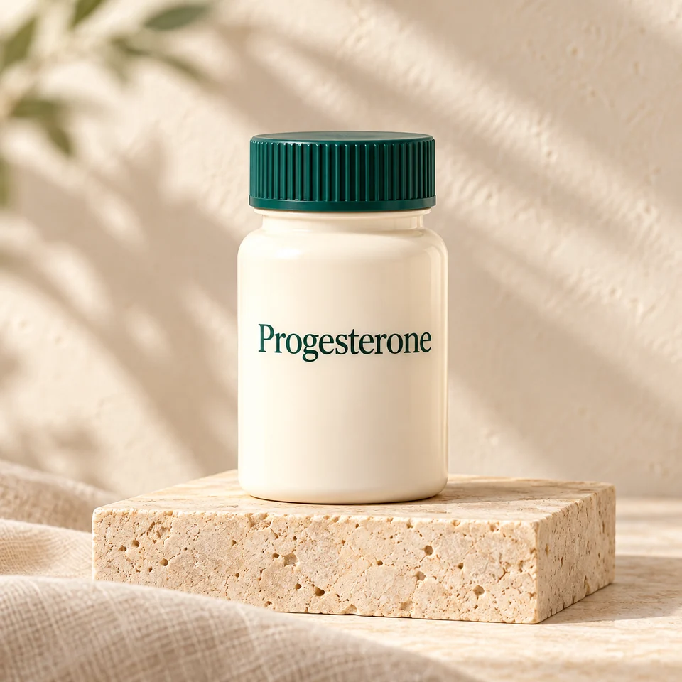 Illustrative menopause treatment containers on stone and linen.