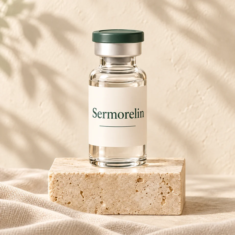 Illustrative aging treatment containers on stone and linen.