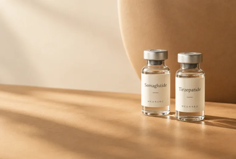 Illustrative semaglutide and tirzepatide vials in sunlight.