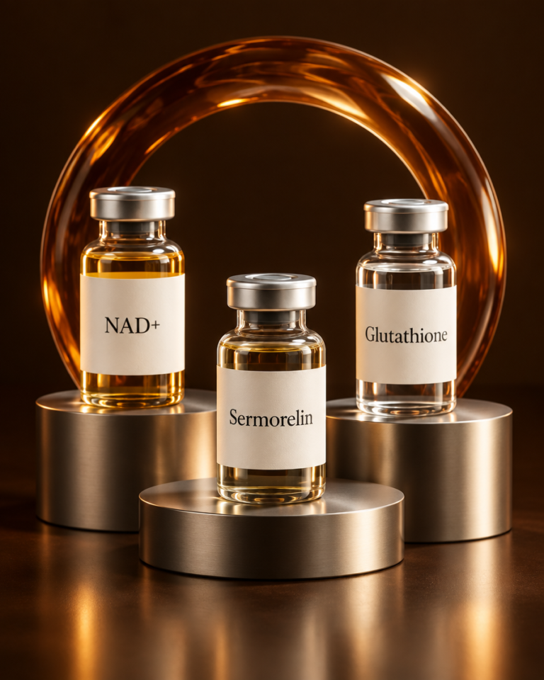 Illustrative NAD+, sermorelin and glutathione vials.